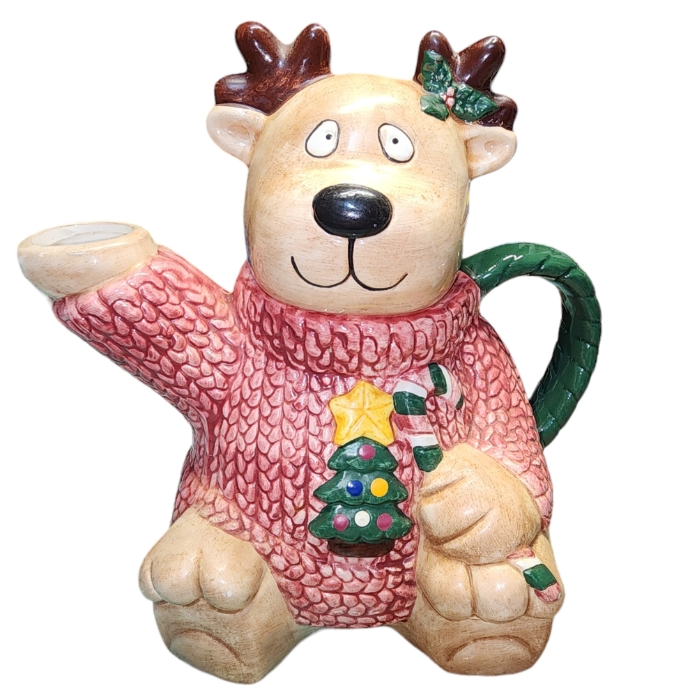 Vintage Jay Imports 1995 Christmas Sweater Wearing Reindeer Teapot‎ 9"X9"X6"